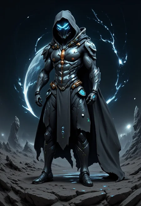 rugged and battle-hardened human ranger, stands in a desolate alien landscape under a starry sky. He wears futuristic tactical armor with a weathered cloak draped over his shoulders, holding a high-tech bow glowing with energy. His expression is focused and determined, as if he's on the hunt for dark creatures. Behind him, the ruins of an ancient temple rise from the ground, while distant planets and stars shine in the background