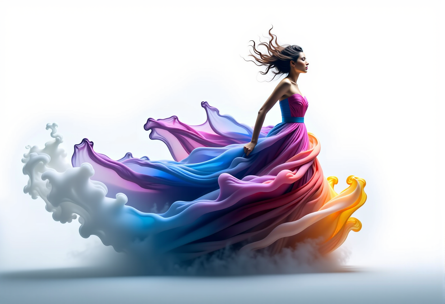 bv-smowormor. A human figure fully emerging from swirling smoke. Background is completely white . Clothing and body are formed from colorful smoke . Facial expression is slightly melancholic, lost in thought. Hairstyle is wild and disheveled, caught in wind with wisps of smoke . Figure positioned in an abstract, undefined space with swirling smoke patterns . Pose is dynamic, mid-motion, leaping forward with colorful smoke trail. Clothing details are a gown made of smoke, shifting between deep indigo . Scene elements include glowing embers drifting . Style is hyperrealistic with fine smoke details . Lighting is soft and diffused, with shadows dancing across mist . Background solid black . Smoke colors faint white, ghostly effect. Additional details delicate floating light particles . Words "Smoke World Morph" formed from vibrant colored smoke twisted into letter shapes, appearing in background, partially dissolved into atmosphere . , <lora:bv-smoke-world-morph-1-0.safetensors:1.0:1.0>