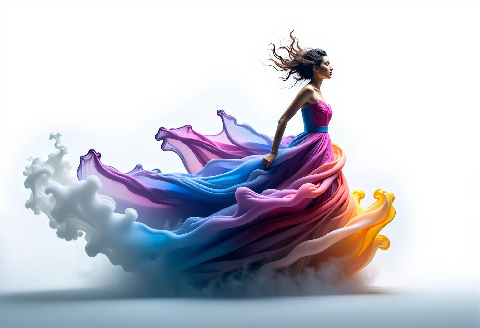 bv-smowormor. A human figure fully emerging from swirling smoke. Background is completely white . Clothing and body are formed from colorful smoke . Facial expression is slightly melancholic, lost in thought. Hairstyle is wild and disheveled, caught in wind with wisps of smoke . Figure positioned in an abstract, undefined space with swirling smoke patterns . Pose is dynamic, mid-motion, leaping forward with colorful smoke trail. Clothing details are a gown made of smoke, shifting between deep indigo . Scene elements include glowing embers drifting . Style is hyperrealistic with fine smoke details . Lighting is soft and diffused, with shadows dancing across mist . Background solid black . Smoke colors faint white, ghostly effect. Additional details delicate floating light particles . Words "Smoke World Morph" formed from vibrant colored smoke twisted into letter shapes, appearing in background, partially dissolved into atmosphere . , <lora:bv-smoke-world-morph-1-0.safetensors:1.0:1.0>