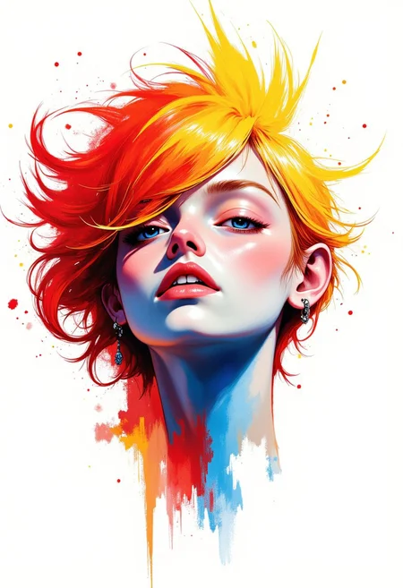 A breathtaking abstract portrait of a woman's face, where bold, expressive strokes of red, yellow, blue, and white collide and merge in a vivid display of artistic intensity. Each hue bursts forth with purpose, forming a striking visual experience that bridges the gap between raw emotion and deliberate composition. The artist's dynamic brushwork—both fluid and aggressive—infuses the piece with movement, as if the very essence of feeling is being captured in color. The subject’s face, though partially obscured by swirling pigments, remains hauntingly expressive, transforming a simple human visage into a kaleidoscope of passion, longing, and depth. The predominantly white background serves as a stark contrast, allowing the vibrant palette to pulse with energy while evoking a sense of dreamlike introspection. Through a refined balance of abstraction and emotion, this piece transcends traditional portraiture, inviting the viewer to interpret the shifting hues as reflections of the multifaceted nature of human experience. del1cate_balance style.