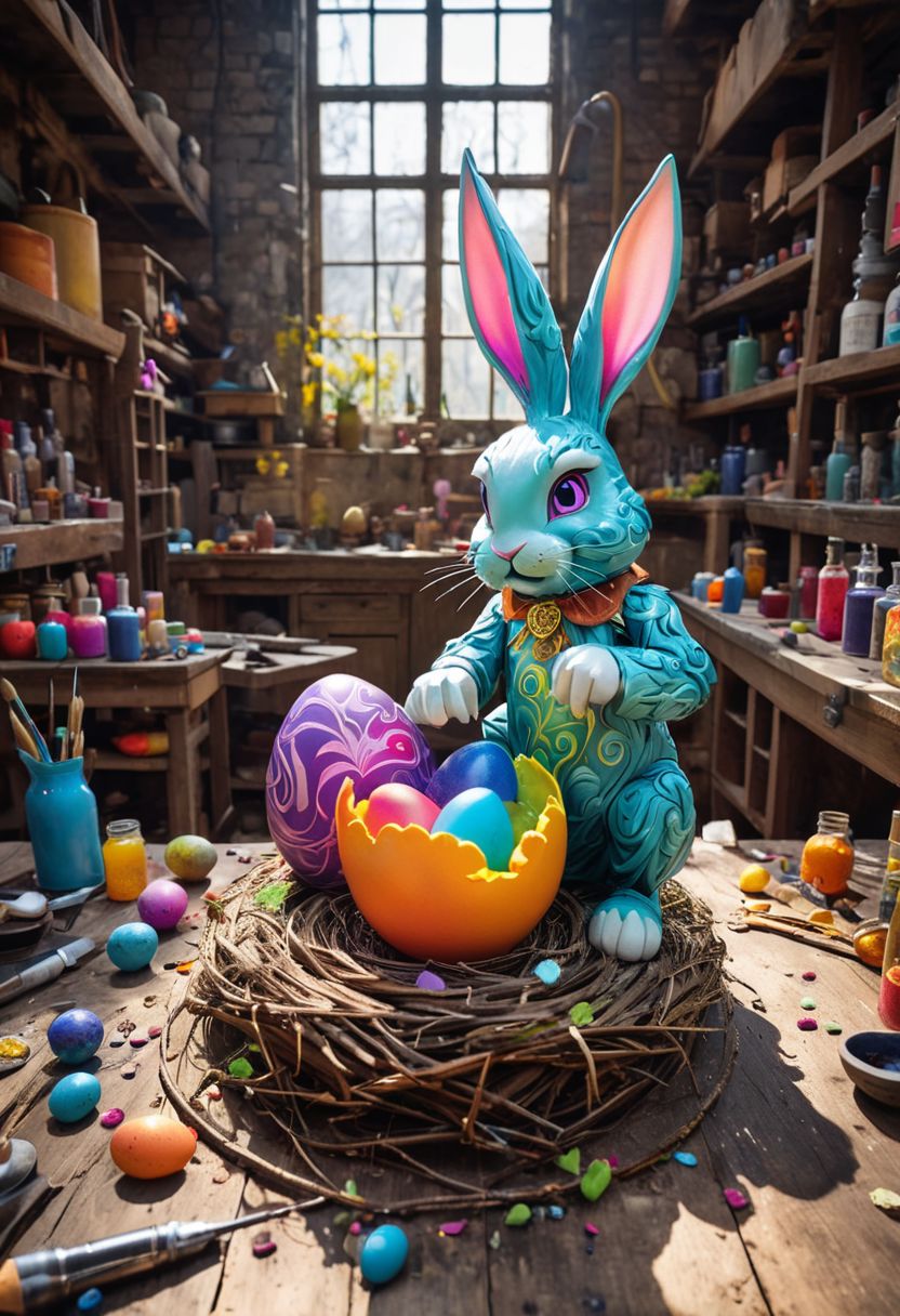 Masterpiece (wide angle shot) , Easterbunny crafting an incantation, (creating a little colorful magic egg in a nest:1.6), standing on an old carved table in a colorful factory laboratory.  fantastic view.
<lora:xl_more_art-full_v1:0.5>  <lora:EnvyInkSwirlXL01:0.3> swirling ink