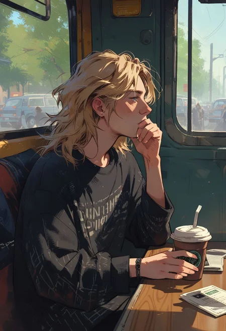 ((score_9, score_8_up, score_7_up)), 1girl, blonde, norwegian, plalid shirt, drinking coffee, bus stop, waiting for the bus, norway,
wh33z13, kyuyongeom