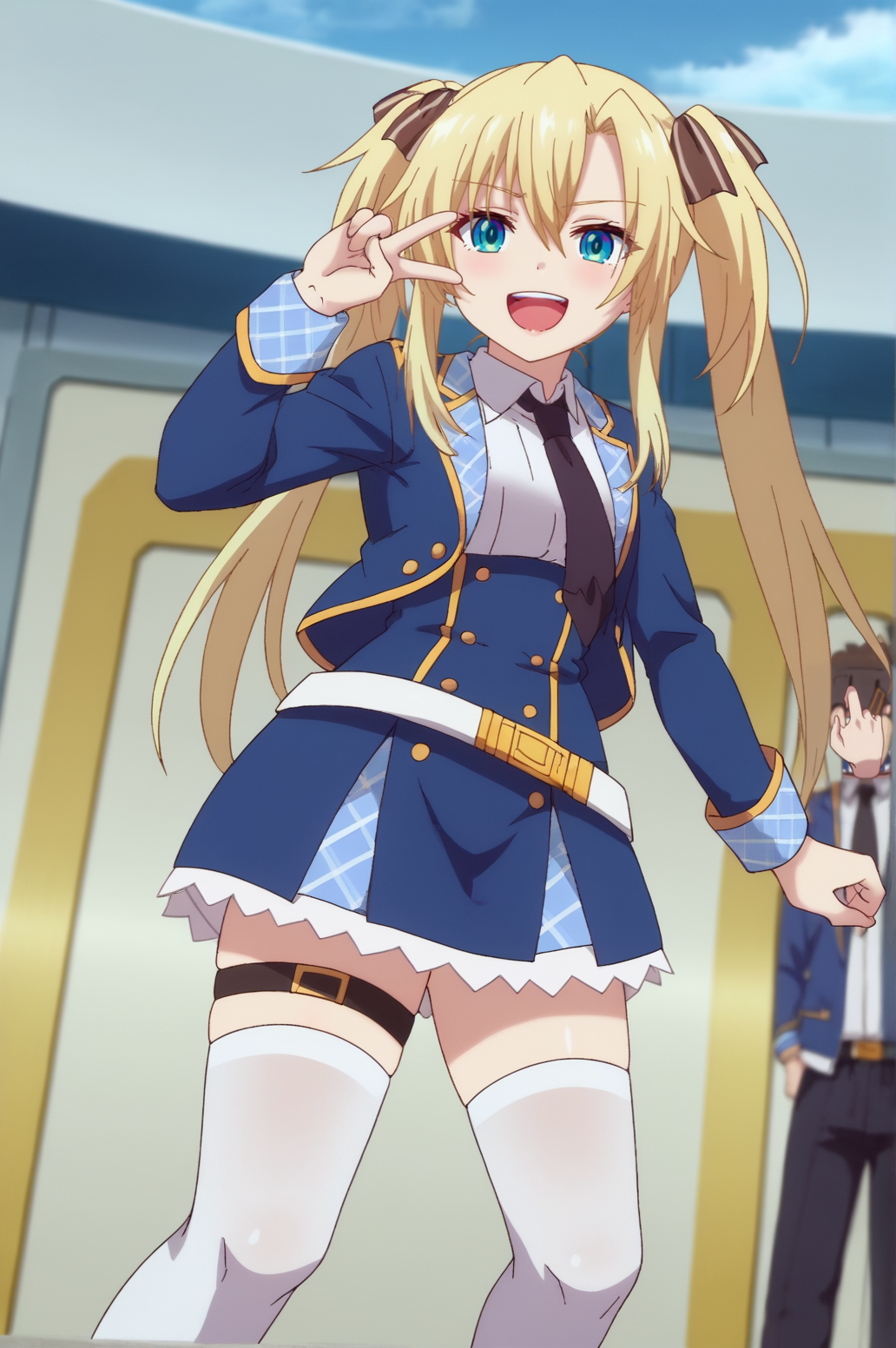 score_9, score_8_up, score_7_up,anime_source, source_anime, best background, detailed background, anime screencap,  Mercedes, belt, black necktie, blue jacket, blue skirt, jacket, long sleeves, necktie, shirt, skirt, smile, thigh strap, thighhighs, white shirt, white thighhighs, v fingers, victory fingers, dynamic angle, <lora:JN_Regina_Mercedes:0.8>