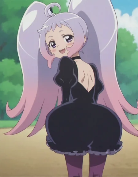 score_9, score_8_up, score_7_up, anime screencap, solo,1girl, nicosmapre,puffy sleeves, black dress, purple pantyhose, choker, smile, looking at viewer, cowboy shot,blush,open mouth,small breasts,from behind<lora:nico:0.8>