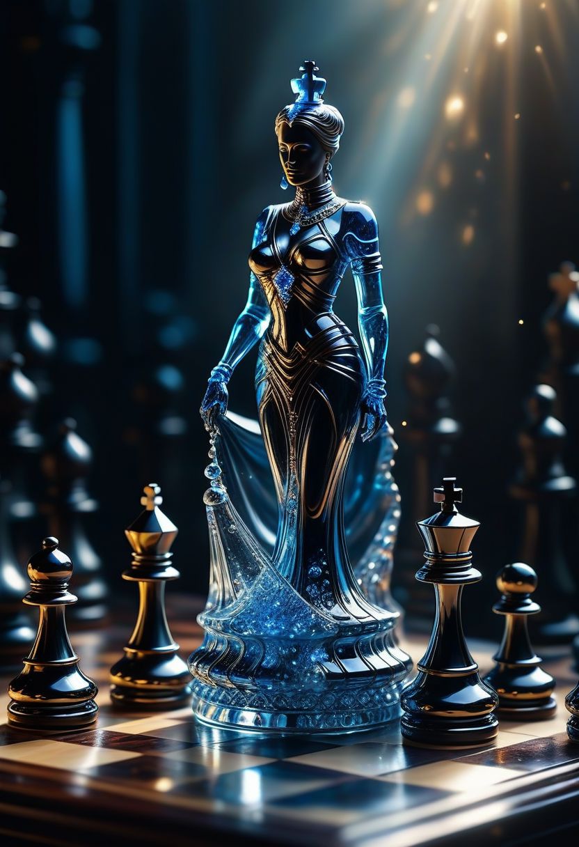 [Masterpiece. Realistic. Transparent Beings. Everything in this universe is made out of sparkling glass crystals. A chess piece made of crystals. hand moving chess piece, asari hand, blue skin, female hand, black nail polish, Water explosions. Transparent or silver body parts.], detailed, romantic, very inspirational, beautiful, elegant, lovely, cute, pretty, modern, epic composition, fabulous atmosphere, cinematic light, dynamic dramatic ambient, Vibrant Colors 
ral-tr33brnch, Arttrttrt, extreme Long Shot, masterpiece, intricate detail, best quality, absurd resolution, Gothic, black stone with golden stripes, elegant, luxury, royal, expensive, 
Stylized chess pieces. Queen chess, Chess game, chess board, luxury and golden design. Photo realistic, cinematic light, concept art.