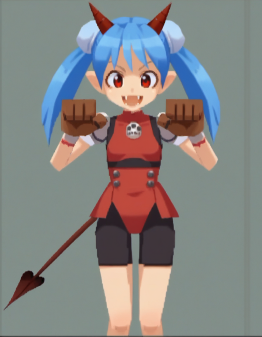 zPDXL, score_9, score_8_up, score_7_up, source_anime, 1girl, solo,
<lora:RockLegend_v1:1> rcklgnd, <lora:Nullantwins:0.8> Zhuu, blue hair, red eyes, pointy ears, fangs, large fangs, red horns, demon tail, small breasts, (double bun, twintails),, speaking, talking, animal pose, (android) wearing nigthdress, Copper-plated bionic arms with exposed gears, Chrome-plated legs braces with hydraulic pistons, exposed wiring, sleek futuristic design,