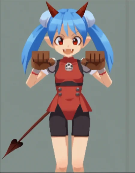 zPDXL, score_9, score_8_up, score_7_up, source_anime, 1girl, solo,
<lora:RockLegend_v1:1> rcklgnd, <lora:Nullantwins:0.8> Zhuu, blue hair, red eyes, pointy ears, fangs, large fangs, red horns, demon tail, small breasts, (double bun, twintails),, speaking, talking, animal pose, (android) wearing nigthdress, Copper-plated bionic arms with exposed gears, Chrome-plated legs braces with hydraulic pistons, exposed wiring, sleek futuristic design,