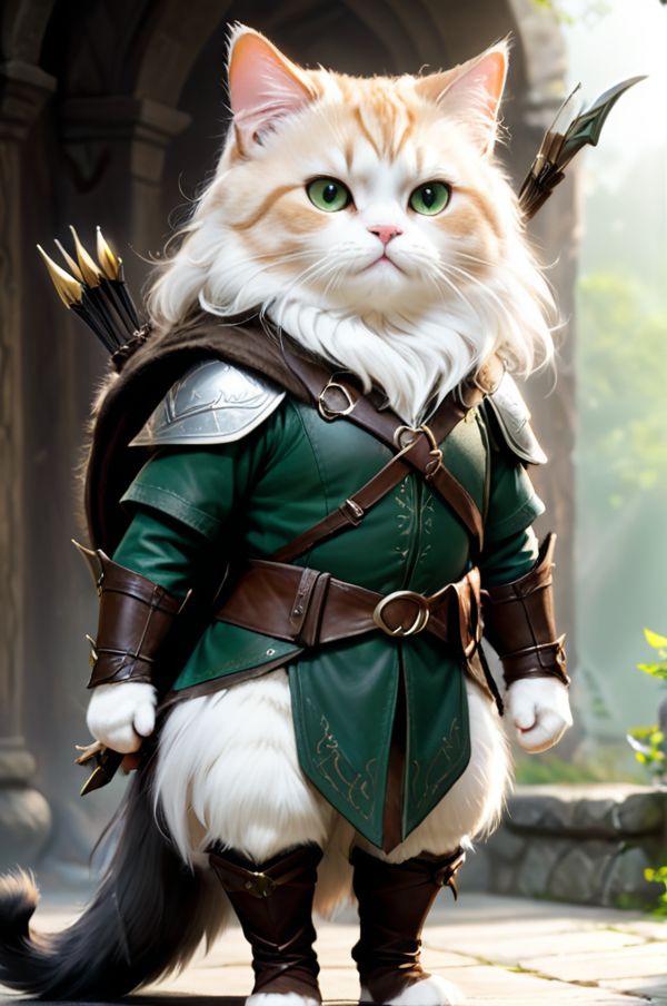 ((full body)), ((Fatty cat)) in the form of the elf Legolas from the movie Lord of the Rings, with a bow and wearing elven armor. fluffy paws, <lora:xl_more_art-full_v1:0.55>, background action-packed, ((correct anatomy))
