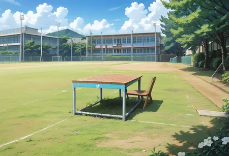 score_9, score_8_up, score_7_up, rating_safe, masterpiece, best quality, absurdres, unity 8k wallpaper, official art, official style, source_anime, uncensored, game cg, megami magazine,
koutei, scenery, outdoors, tree, grass, sky, fence, day, blue sky, power lines, building, field
<lora:gakkou_ground_PONY_V1:1>