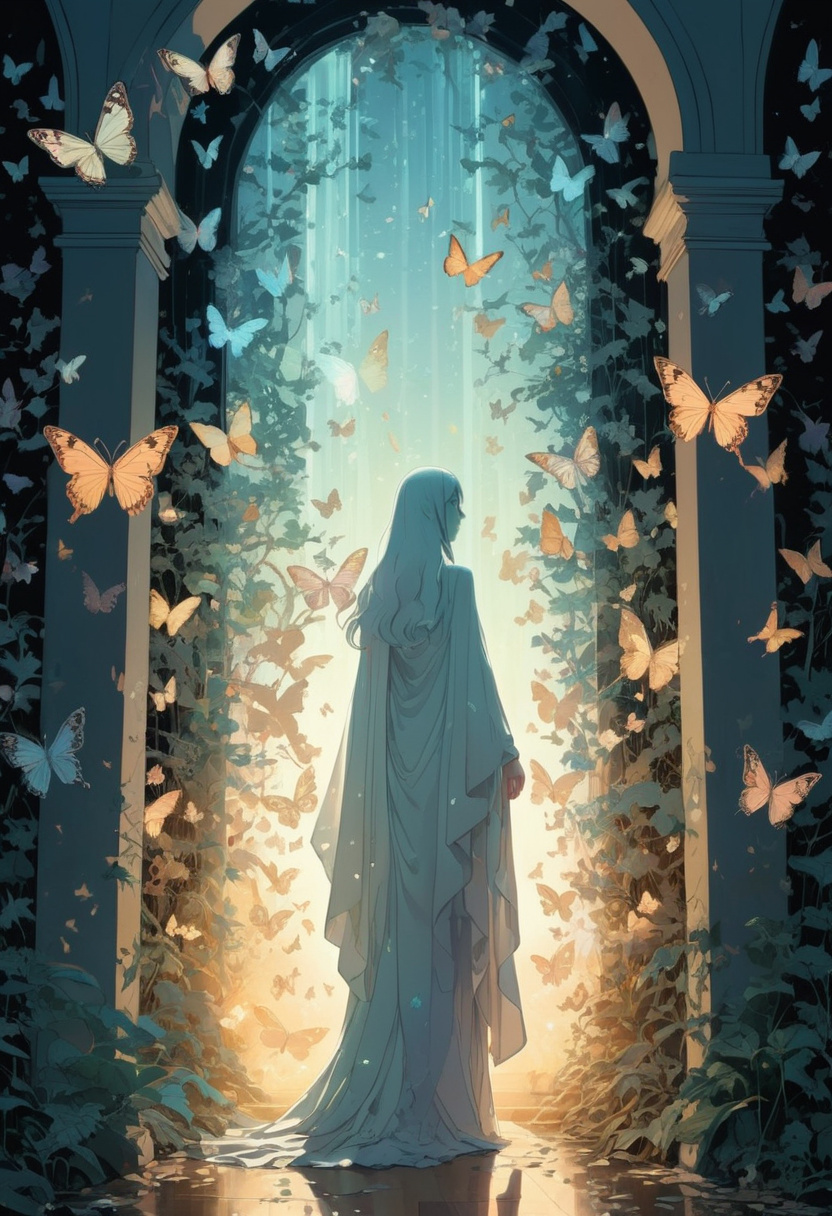 masterpiece, best quality, (Anime:1.4), (((ghost standing in beam of light))), under column of butterflies, painted in style of Tomer Hanuka, insane amount of detail, dreamy iridescent flair, naturalistic elements, vivid textures, dynamic lighting, rich color gradients, intricate patterns on butterflies, iridescent wings, ethereal atmosphere, lush foliage, surreal environment, delicate interplay of light and shadow, dream-like quality, Hanuka-inspired stylization, natural beauty enhanced <lora:add-detail-xl:1>