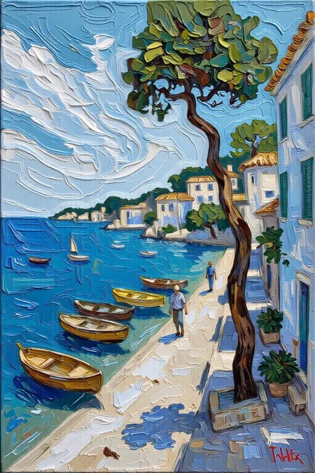 impasto oil painting.
a coastal scene is depicted in a close-up perspective. The scene is painted in shades of blue, green, and white, with a tree in the foreground. The tree casts a shadow on the right side of the frame, adding a touch of depth to the scene. To the right of the tree, a cobblestone path leads to a white building with green shutters. In front of the building, a person is walking on the path. In the left corner of the image, a body of water with a few boats floating on it. The sky is a light blue, with wispy white clouds streaming across it.
<lora:Flux-Sch-SingleBlocks-BF16:1.0> <lora:impasto6_cap_d6a3e11:1.0><lora:804333708514448206:0>