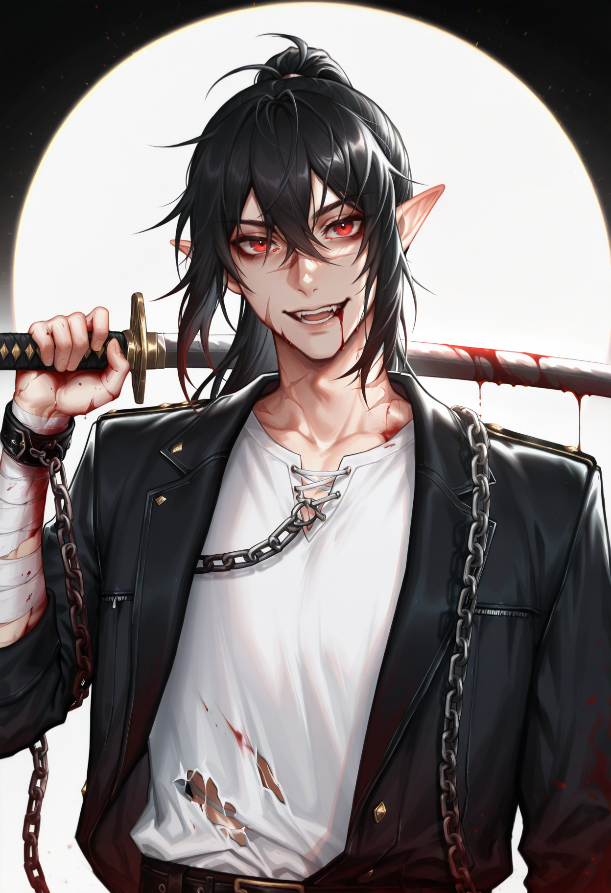 <lora:MythweaverILXL-000010:1> mythw3av3r,
weapon, solo, sword, bandages, red eyes, chain, simple background, 1boy, ponytail, black hair, pointy ears, holding weapon, male focus, holding, open mouth, holding sword, jacket, bandaged arm, white background, katana, shirt, over shoulder, upper body, long hair, smile, cuffs, scar, white shirt, weapon over shoulder, blood, sheath, looking at viewer, black jacket, open clothes, torn clothes, masterpiece, best quality, amazing quality, intricate detail, highly detailed, absurdres, very aesthetic, dynamic lighting, detailed background, scenery, (volumetric lighting)