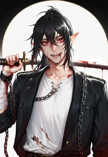 <lora:MythweaverILXL-000010:1> mythw3av3r,
weapon, solo, sword, bandages, red eyes, chain, simple background, 1boy, ponytail, black hair, pointy ears, holding weapon, male focus, holding, open mouth, holding sword, jacket, bandaged arm, white background, katana, shirt, over shoulder, upper body, long hair, smile, cuffs, scar, white shirt, weapon over shoulder, blood, sheath, looking at viewer, black jacket, open clothes, torn clothes, masterpiece, best quality, amazing quality, intricate detail, highly detailed, absurdres, very aesthetic, dynamic lighting, detailed background, scenery, (volumetric lighting)