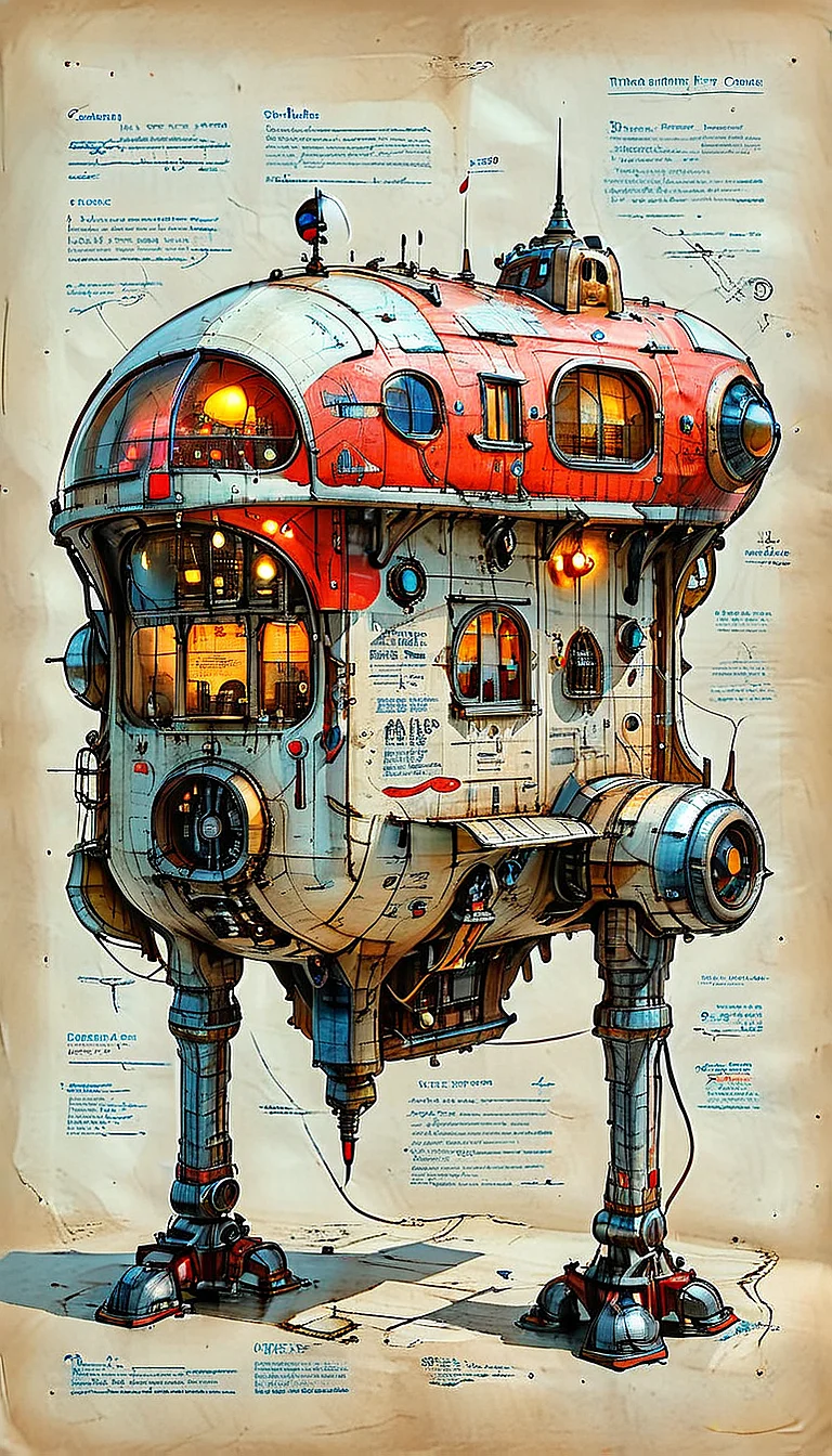(cel-shading:2)+, (in ARTIST style:1.6), (masterpiece:1.7), night, glow neon, hyperrealism, glossy, shinny, clear image, accurate picture, clear picture, precise image, focused image,
An illustrated medieval old worn page of (zeppelin, science fiction, standing, Walking vehicle, red paint), made with ingredients including: (mechanical legs, antenna, parts, wires), text is Old English and Gothic, parchment page, intricate details, muted colors, high resolution, best quality, fantasy vibe (ultra sharp focus:2), (detailed windows:2), (thin lines:2), (best quality:1.8),
<lora:MJ52:0.8> <lora:ParchartXL_CODA:1>,
<lora:add-detail-xl:1> (ultra sharp focus:1.8), (detailed skin:1.8), (thin lines:1.8), (best quality:1.8),
<lora:Apparatus_-_Traction_City_Walkers_Vehicles:0.7>, <lora:Someplastic_b:0.6>,
<lora:glowneon_xl_v1:0.6>