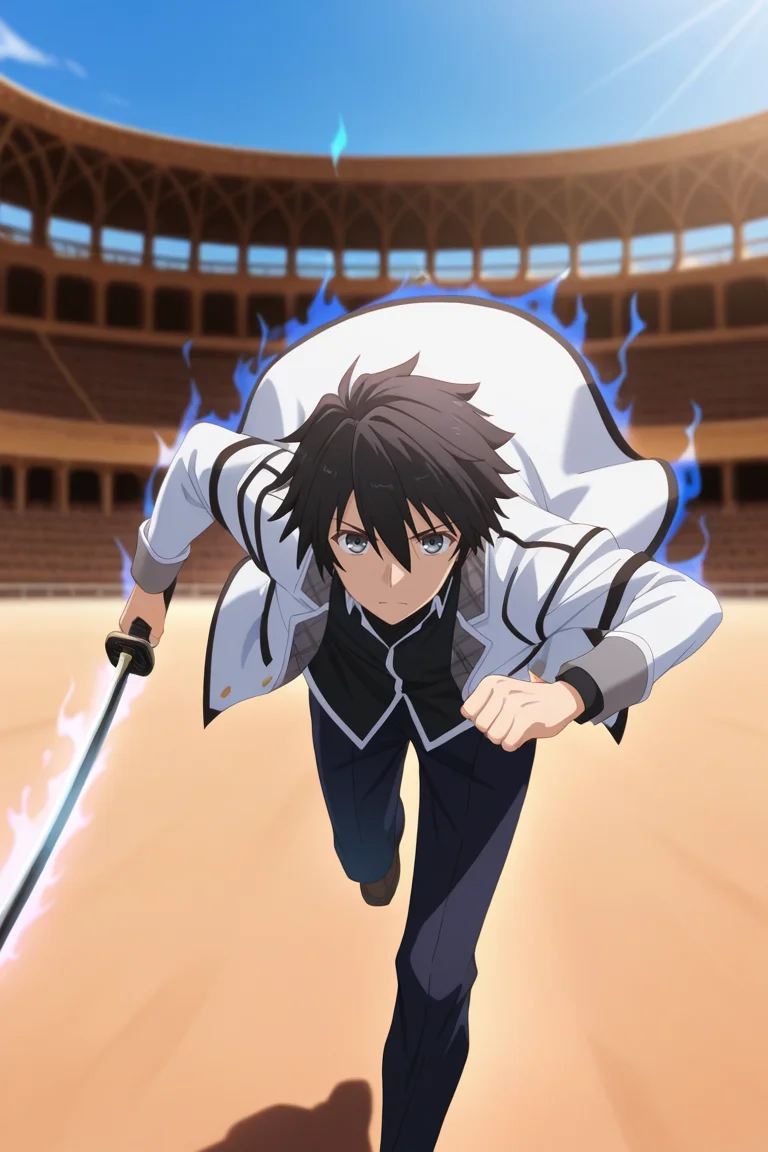 masterpiece, best quality, amazing quality, very aesthetic, high resolution, ultra-detailed, absurdres, newest, scenery, volumetric lighting, depth of field,anime screencap , , , 1boy, solo, male focus, <lora:ikki:0.85>,ikki kurogane, black hair, grey eyes,short hair,spiky hair,shirt,hair between eyes,looking at viewer,uniform,school uniform,black shirt,white jacket,holding, weapon, sword, holding weapon,katana,running,facing viewer,aura,outdoors,colosseum
