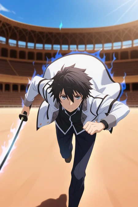 masterpiece, best quality, amazing quality, very aesthetic, high resolution, ultra-detailed, absurdres, newest, scenery, volumetric lighting, depth of field,anime screencap , , , 1boy, solo, male focus, <lora:ikki:0.85>,ikki kurogane, black hair, grey eyes,short hair,spiky hair,shirt,hair between eyes,looking at viewer,uniform,school uniform,black shirt,white jacket,holding, weapon, sword, holding weapon,katana,running,facing viewer,aura,outdoors,colosseum