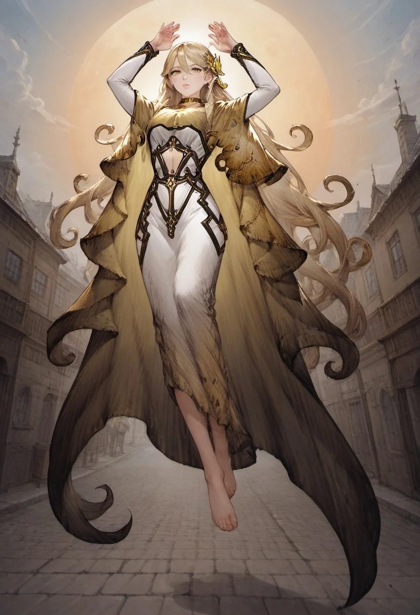 score_9, score_8_up, score_7_up,1girl,solo,gold eyes,gold cape,white dress with cutout, print on clothes, long hair, curls,hair ornament. bare feet,choker, outside, medieval streets, sky,sun, floating, ((arms raised)), clear face, perfect eyes, small mouth
