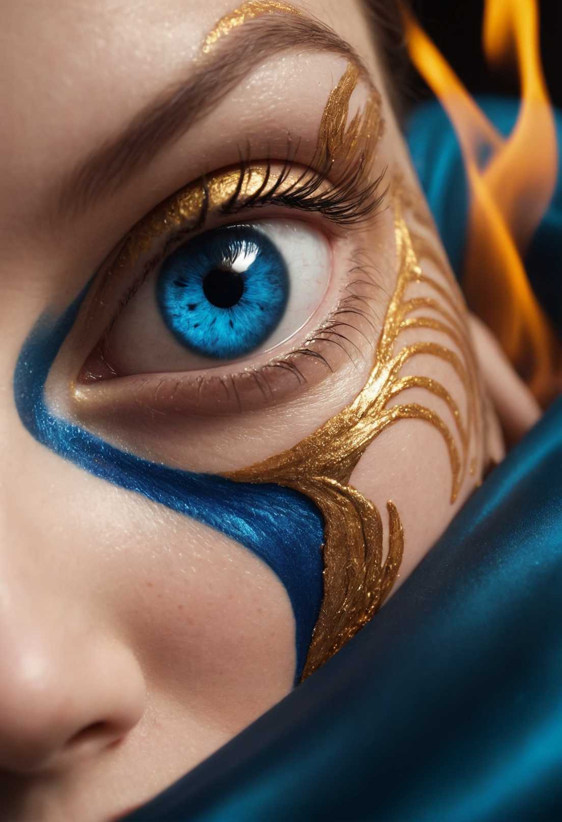 Woman, body art, hyper realistic eye, Satin Sheets Gold, Sapphire Blue, Peacock Blue,  skin, close-up, chaotic, flaming, skin texture, pulsating, cinematic angle,