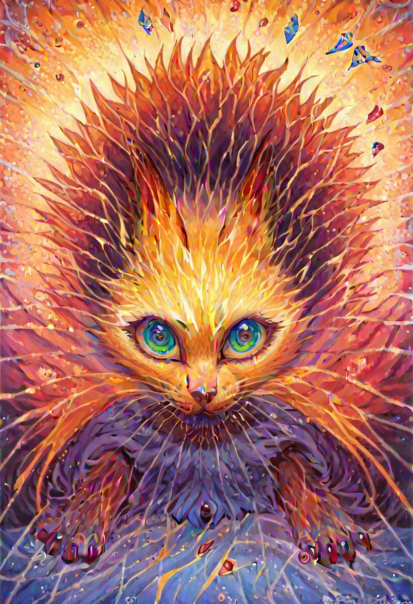 score_9, score_8_up, score_7_up, source_anime, 
 A fluffy cat sits regally in the center of a swirling nebula.  Sheet music unfurls from its paws, notes transforming into celestial bodies and exploding into symphonies of color.  Black holes peek through the swirling fur, revealing swirling galaxies within.
tasvisuals, 1dk, portrait tasvisuals, Glitched gods, Elaborate detailed life like glitched reality, Satanic necromancy opening portals to intergalactic hellscapes, norman rockwell style
alexgrey
lattice
veins
symmetry
multicolored eyes