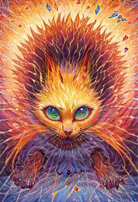 score_9, score_8_up, score_7_up, source_anime, 
 A fluffy cat sits regally in the center of a swirling nebula.  Sheet music unfurls from its paws, notes transforming into celestial bodies and exploding into symphonies of color.  Black holes peek through the swirling fur, revealing swirling galaxies within.
tasvisuals, 1dk, portrait tasvisuals, Glitched gods, Elaborate detailed life like glitched reality, Satanic necromancy opening portals to intergalactic hellscapes, norman rockwell style
alexgrey
lattice
veins
symmetry
multicolored eyes