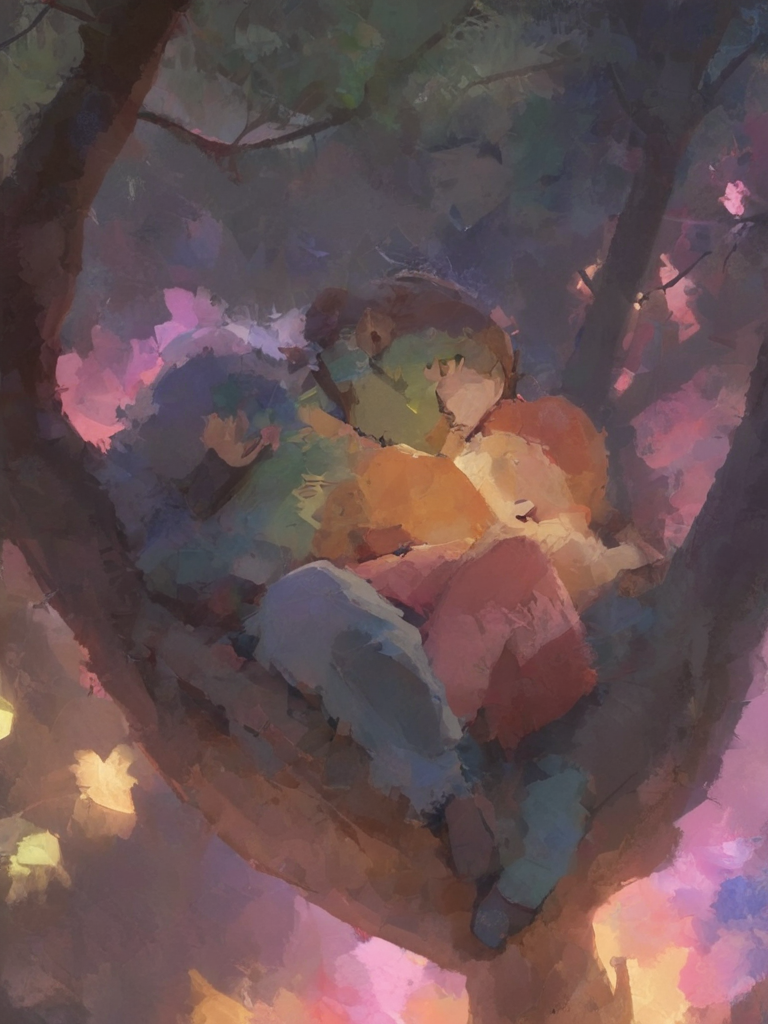 ptrn-no1 could be a creature most curious taking a nap laying on a tree, detailed, colorful, lighting composition, <lora:- SDXL - ptrn-no1_style_V1.0:1>,  <lora:- SDXL - stnerfx _Stoned_Fox_Style_V4.0:0.4>