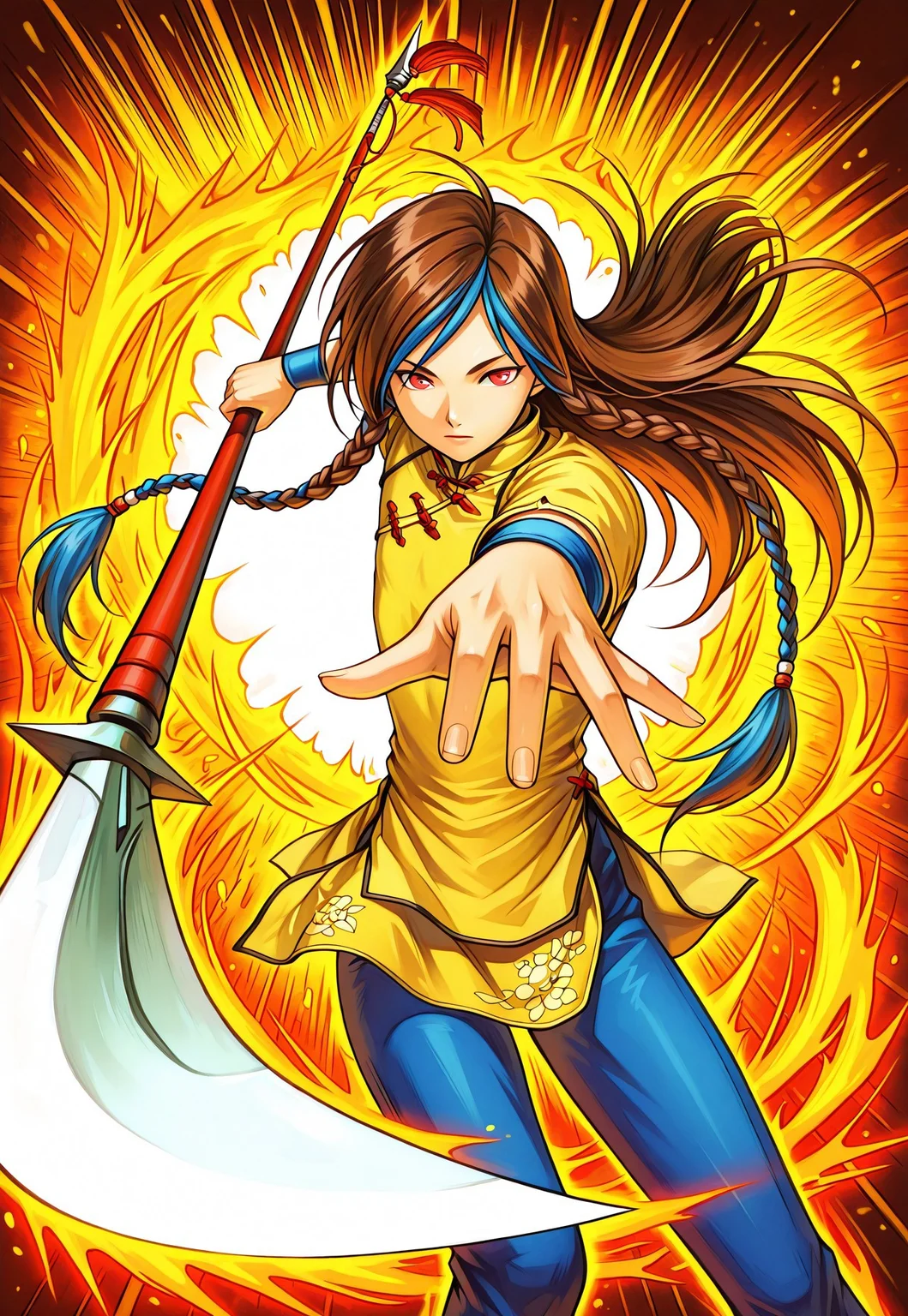 masterpiece, best quality, amazing quality, very aesthetic, absurdres, intricate details, vibrant colors, 2000s \(style\), G_S_O_A male focus, shionxi, 1boy,  androgynous, red eyes, long hair, brown hair, two tone hair, blue hair, twin braids, yellow tunic, blue pants, black flats, chinese clothes, dynamic pose, polearm, holding polearm, holding weapon, weapon, gatotsu stance, spear, foreshortening, dynamic action, ki aura,  best hands, detailed eyes, HDeyes, best face, detailed background, cowboy shot, perspective, perfect hands,