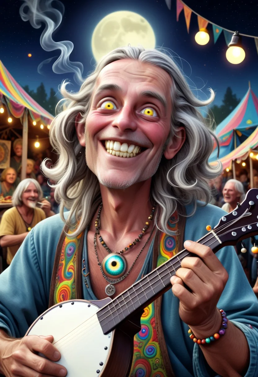 Man aged 69, collar-length straggly grey hair, very thin on top
hippy, necklace with eyeball design, big rotten yellow front teeth, gap between front teeth, smoking joint, manic look, double-chin, big dark eyes, playing shiny mandolin
grinning, folk festival, stalls, crowds, Moonlight, brightly lit on one side, psychedelic style
(psychedelic art in drdjns style)