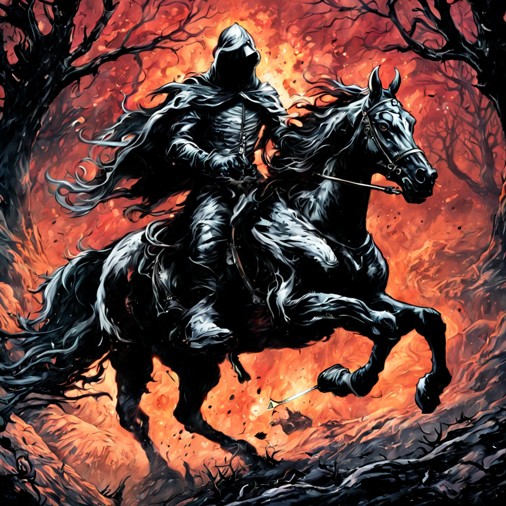 (illustration:1.4), digital art, breathtaking artwork of a black wraith rider  galloping on a horseback by dnmumfrd <lora:dan_mumford_v1:2.0>, danger, chaos, demon of power, Valaraukar, cinematic film still  . shallow depth of field, vignette, highly detailed, high budget, bokeh, cinemascope, moody, epic, gorgeous, film grain, grainy, breathtaking  . award-winning, professional, highly detailed, horror-themed  . eerie, unsettling, dark, spooky, suspenseful, grim, highly detailed, long exposure photo of  . Blurred motion, streaks of light, surreal, dreamy, ghosting effect, highly detailed