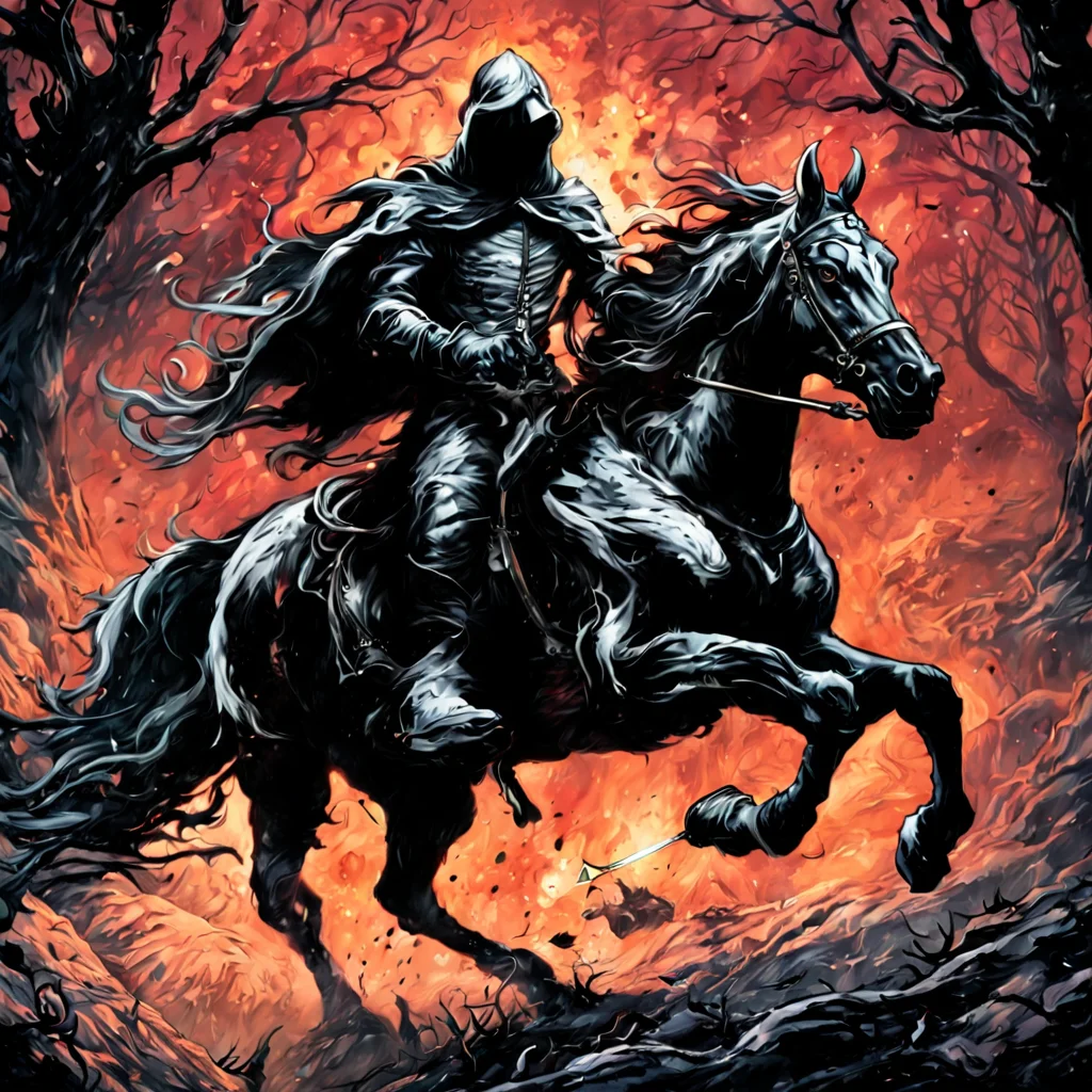 (illustration:1.4), digital art, breathtaking artwork of a black wraith rider  galloping on a horseback by dnmumfrd <lora:dan_mumford_v1:2.0>, danger, chaos, demon of power, Valaraukar, cinematic film still  . shallow depth of field, vignette, highly detailed, high budget, bokeh, cinemascope, moody, epic, gorgeous, film grain, grainy, breathtaking  . award-winning, professional, highly detailed, horror-themed  . eerie, unsettling, dark, spooky, suspenseful, grim, highly detailed, long exposure photo of  . Blurred motion, streaks of light, surreal, dreamy, ghosting effect, highly detailed