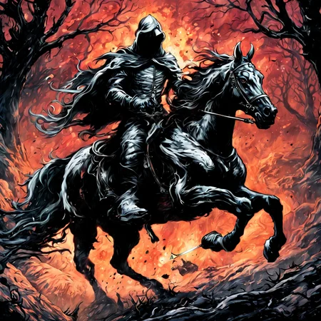 (illustration:1.4), digital art, breathtaking artwork of a black wraith rider galloping on a horseback by dnmumfrd <lora:dan_mumford_v1:2.0>, danger, chaos, demon of power, Valaraukar, cinematic film still . shallow depth of field, vignette, highly detailed, high budget, bokeh, cinemascope, moody, epic, gorgeous, film grain, grainy, breathtaking . award-winning, professional, highly detailed, horror-themed . eerie, unsettling, dark, spooky, suspenseful, grim, highly detailed, long exposure photo of . Blurred motion, streaks of light, surreal, dreamy, ghosting effect, highly detailed