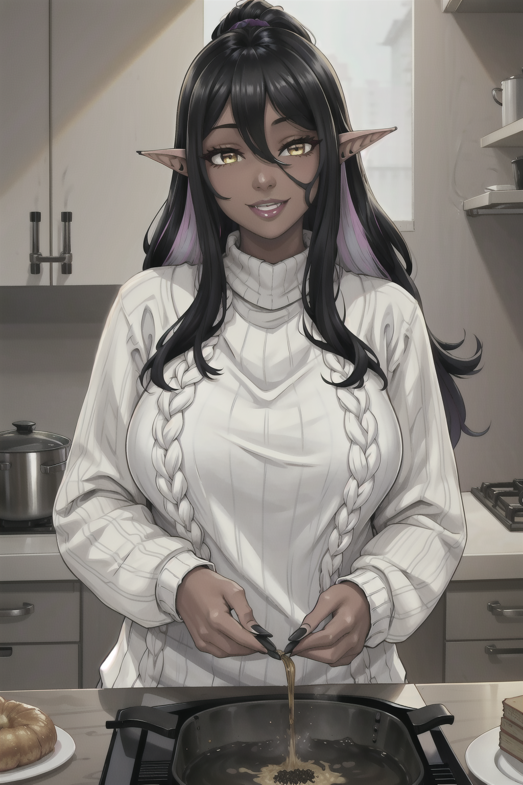 8k,masterpiece,highres,high quality,best quality,huge breasts,shiny_skin,solo,eyelashes,<lora:Omoi_Dark_Elf__Dark_Elf:0.5>,Omoi Dark Elf,Mariebelle,pointy ears,multicolored hair,bangs,black hair,two-tone hair,yellow eyes,dark skin,elf,nail polish,black nail,(white oversized knit sweater:1.41),tall girl,housewife,dark skin,dark-skinned female,house,kitchen,cooking,steam,happy,