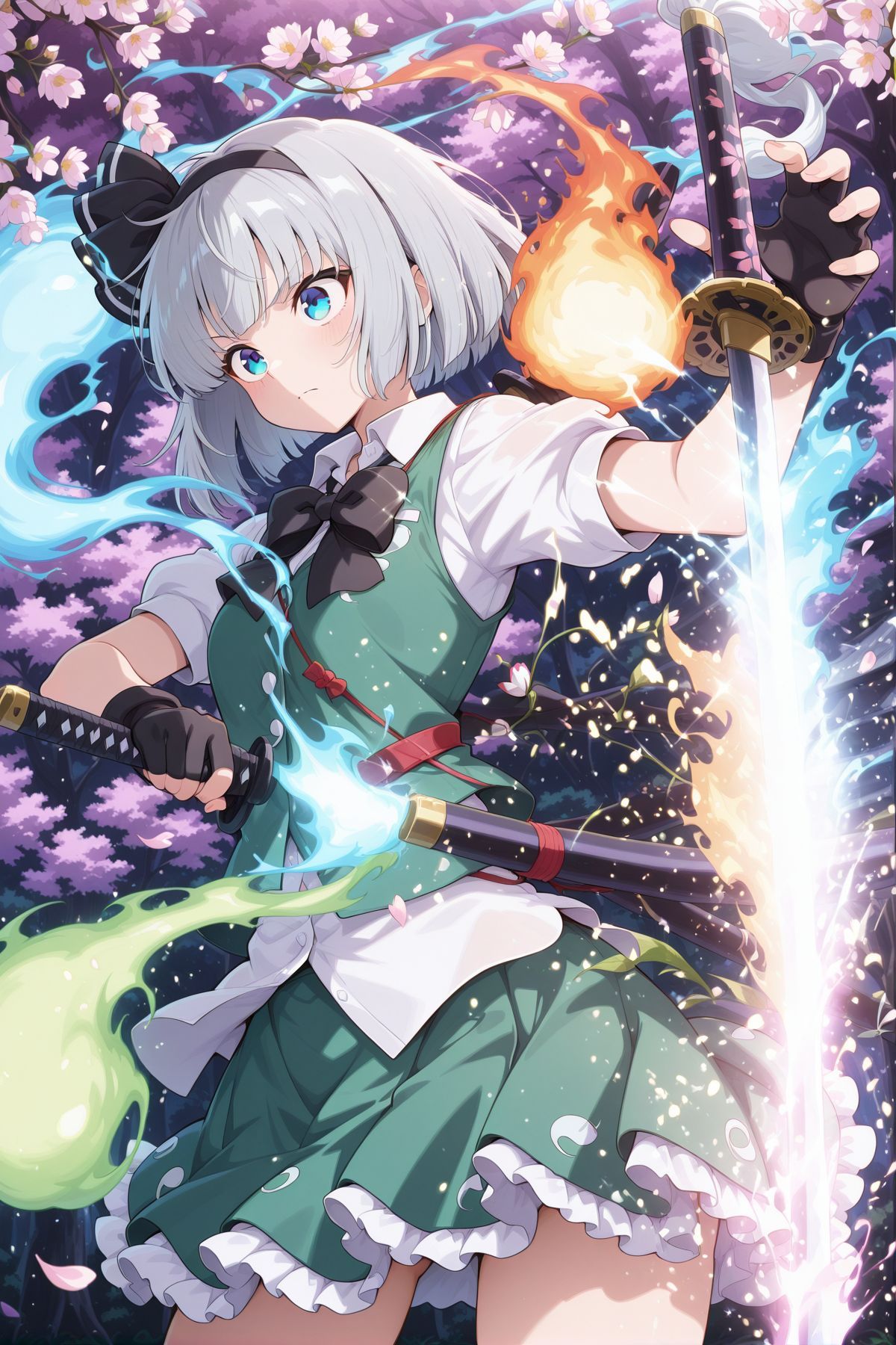 absurdres, highres, masterpiece, best quality, amazing quality, official anime artwork, screencap, anime screencap, serious, dynamic pose,
 <lora:Youmu-Konpaku_IllustriousV2:1> konpaku youmu, 1girl, solo, blue eyes, grey hair, short hair,, black hairband, hair bow, black bow, black bowtie, white shirt, collared shirt, puffy short sleeves, green vest, green skirt, frilled skirt, white socks, particles, fire, wind, water, holding sword, sakura, petals, looking up, tree, forest,