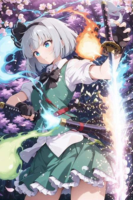 absurdres, highres, masterpiece, best quality, amazing quality, official anime artwork, screencap, anime screencap, serious, dynamic pose,
<lora:Youmu-Konpaku_IllustriousV2:1> konpaku youmu, 1girl, solo, blue eyes, grey hair, short hair,, black hairband, hair bow, black bow, black bowtie, white shirt, collared shirt, puffy short sleeves, green vest, green skirt, frilled skirt, white socks, particles, fire, wind, water, holding sword, sakura, petals, looking up, tree, forest,