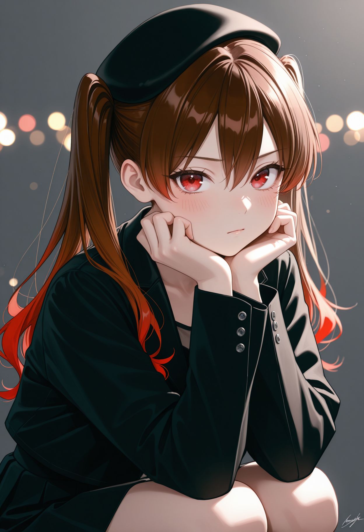 masterpiece,best quality,absurdres,highres,very aesthetic,high quality,detailed,insanely detailed,beautiful,perfect lighting, ,depth of field,blurry background,bokeh, looking at viewer
 <lora:Ootsuki Yoyoko illu:1> 1girl, twintails, multicolored hair, gradient hair, brown hair, red hair, 1girl, hat, twintails, looking at viewer, black jacket, black headwear, brown hair, multicolored hair, blush, red hair, beret, long hair, long sleeves, closed mouth, red eyes, signature, squatting, shirt, simple background, grey background, gradient hair, hair between eyes, skirt