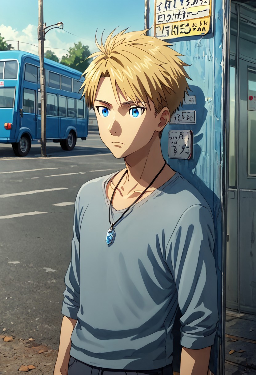 high resolution, solo, best quality, 1Boy, Yamato Ishida, Blonde Hair, Blue Eyes, Necklace, Standing at bus stop, waiting, relaxed, patient,