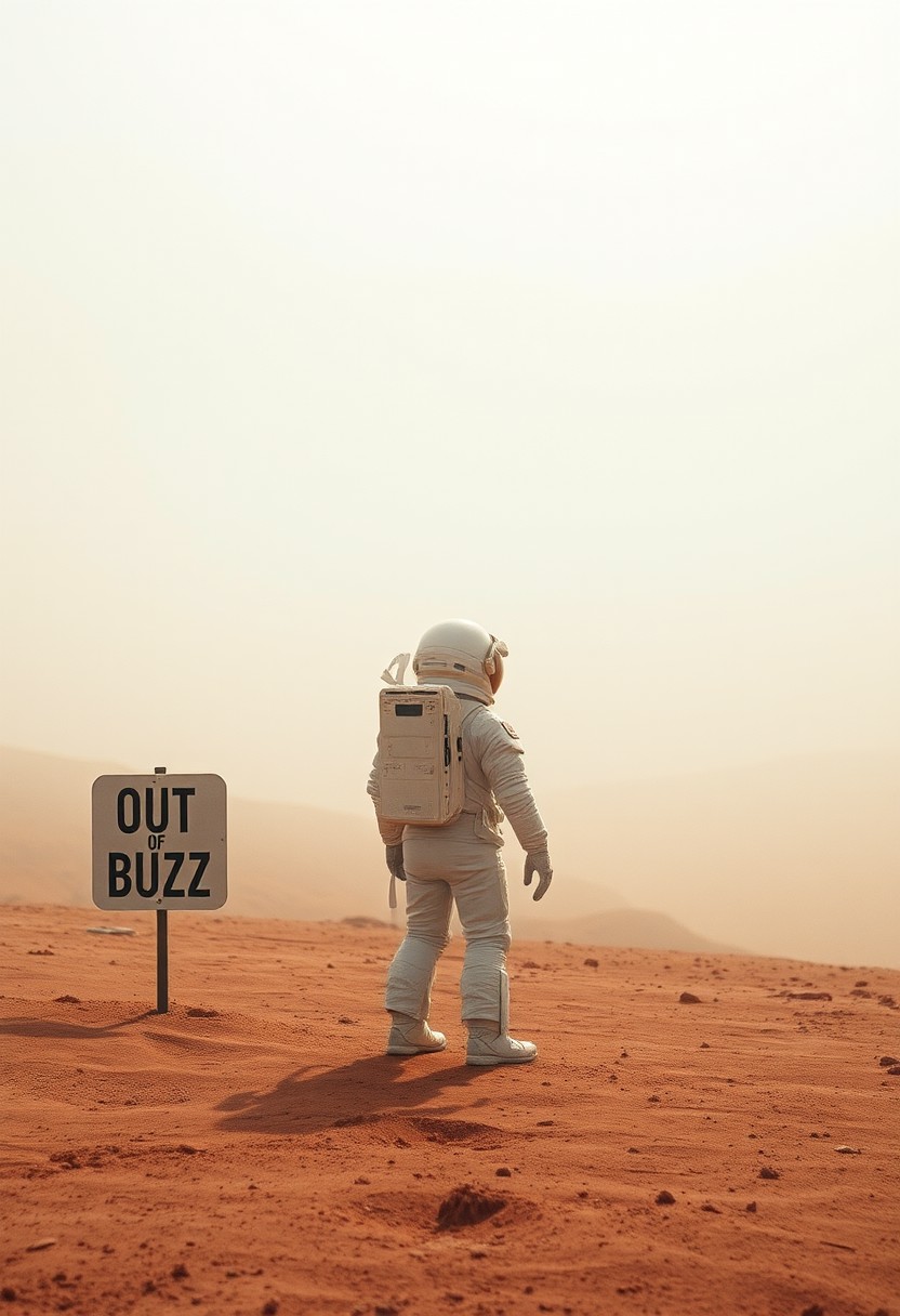Astronaut in Mars desert and a sign saying "Out of Buzz", cinematic landscape with fog, astronaut looking to the distance