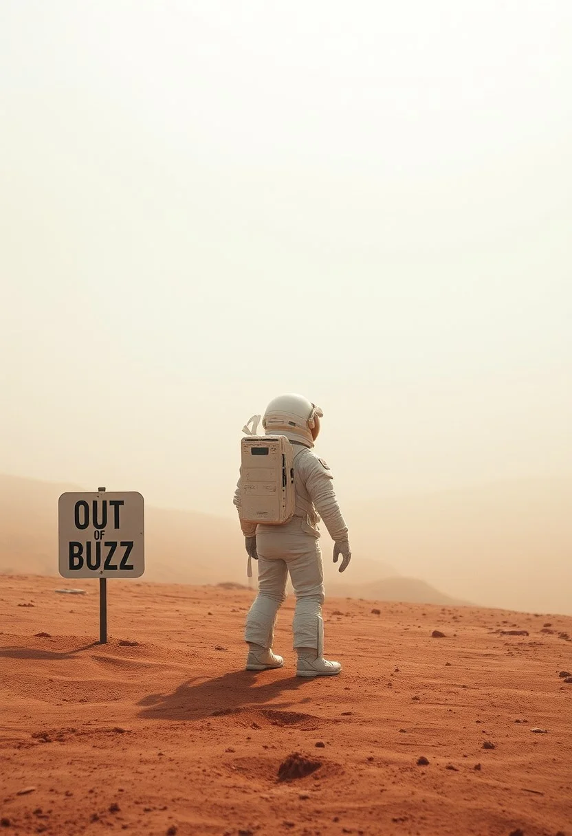 Astronaut in Mars desert and a sign saying "Out of Buzz", cinematic landscape with fog, astronaut looking to the distance