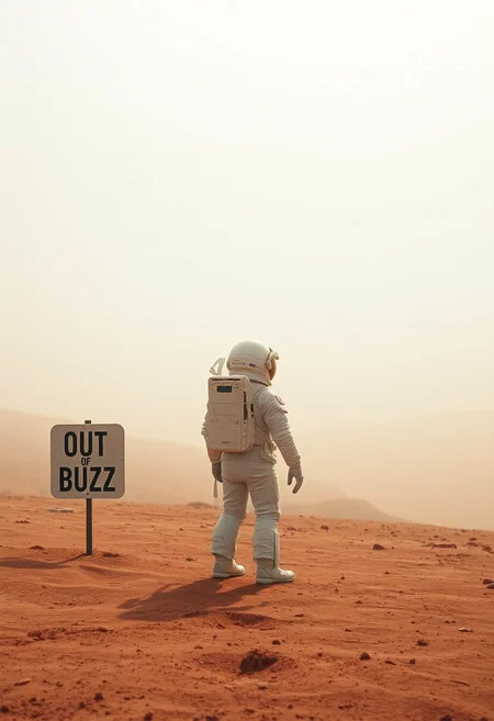 Astronaut in Mars desert and a sign saying "Out of Buzz", cinematic landscape with fog, astronaut looking to the distance