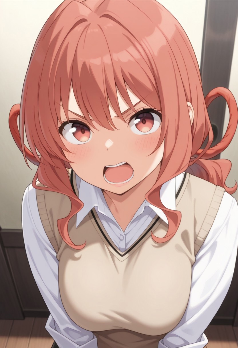 masterpiece,best quality,amazing quality, yuna amagami, coral hair, long hair, red eyes, 1girl, solo, open mouth, shirt, looking at viewer, hair rings, white shirt, sweater, v-shaped eyebrows, sweater vest