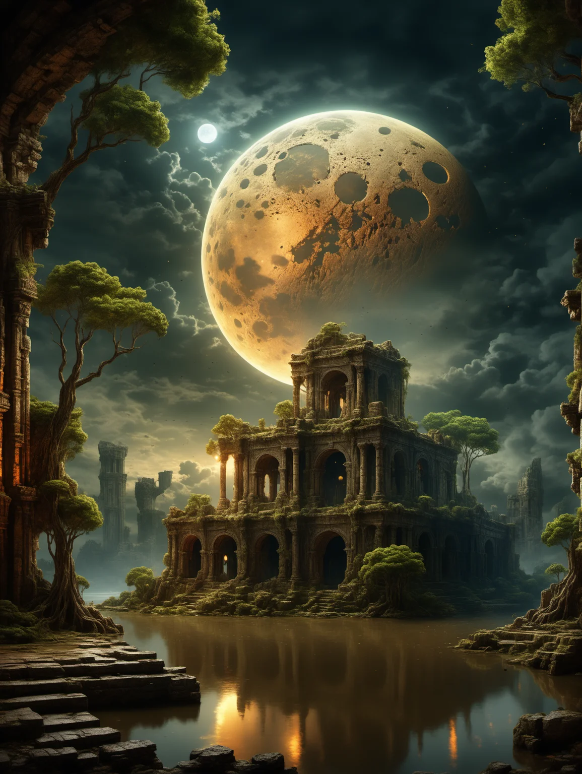 BJ_Full_Moon,outdoors,sky,cloud,water,tree,no_humans,night,moon,scenery,ruins,planet,
photo,8k,intricate,highly detailed,majestic,digital photography,(masterpiece, sidelighting, finely detailed beautiful eyes:1.2),hdr,realistic,high definition,
<lora:Full_Moon(7560):0.3>,<lora:SDXL_Alien_garbage:0.7>,