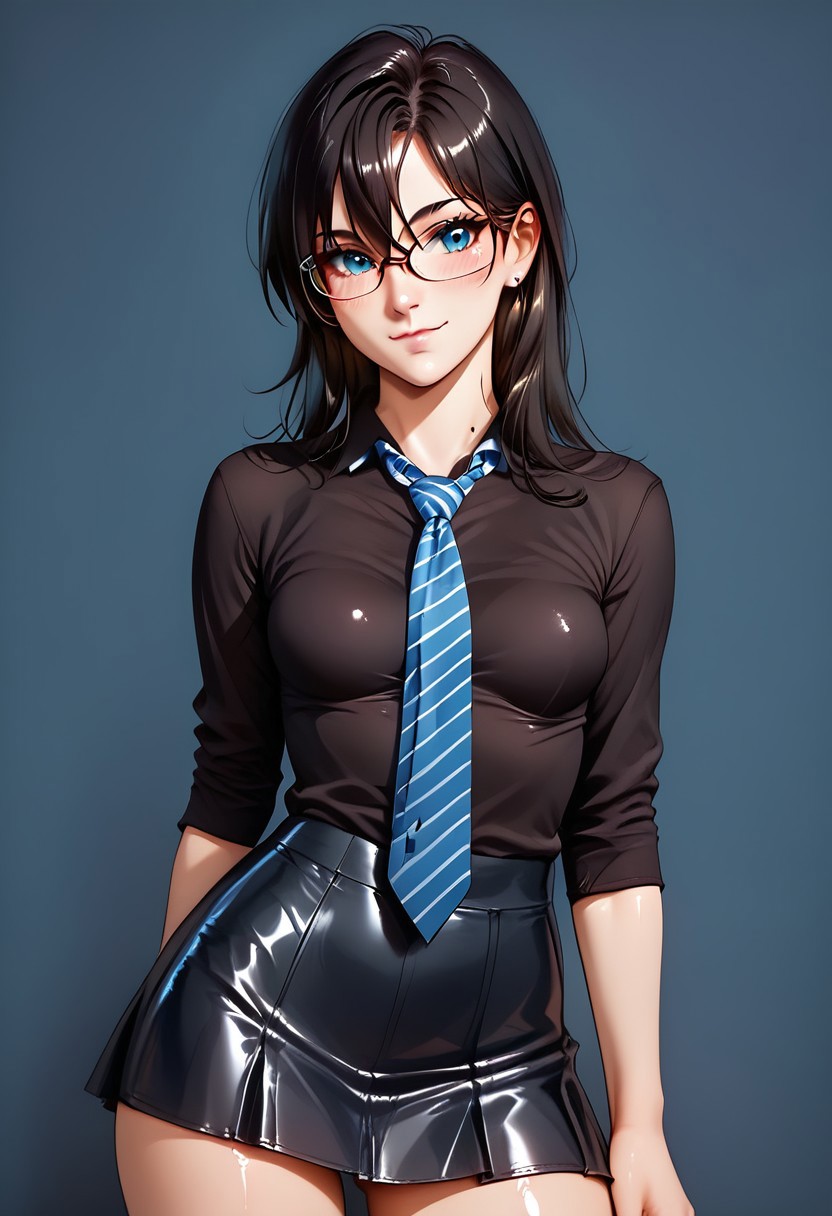 score_9, score_8_up, score_7_up, score_6_up, score_5_up, score_4_up, anime source, BREAK, shiny skin, vivid colors,
SFW,
closed mouth,
Standing,
small breasts,
sexy 18 year old girl, 1girl, 
short, blushing, looking at viewer, 
solo, breasts, blush, 
long black skirt, black shirt, hair between eyes, closed mouth, necktie, striped, collared shirt, blue necktie, striped necktie, 
bedroom,
Expressiveh,