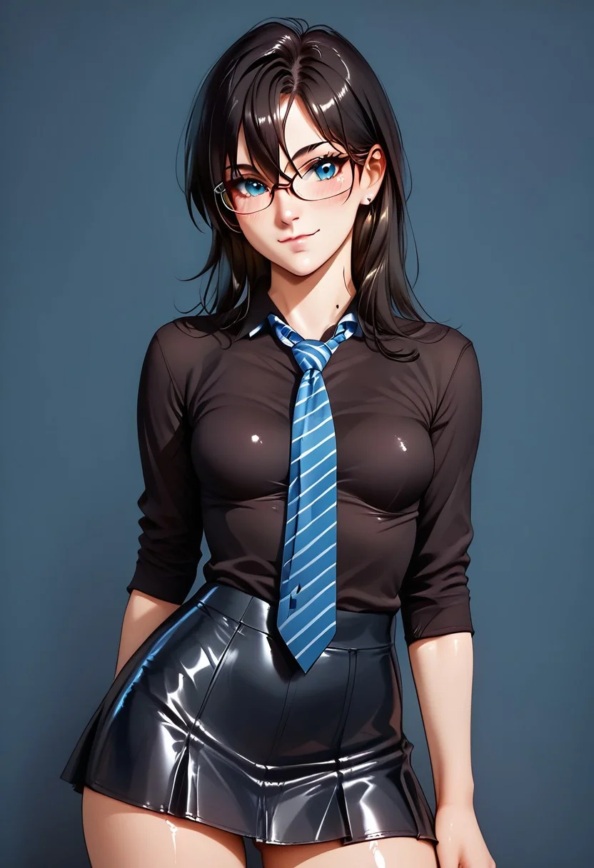 score_9, score_8_up, score_7_up, score_6_up, score_5_up, score_4_up, anime source, BREAK, shiny skin, vivid colors,
SFW,
closed mouth,
Standing,
small breasts,
sexy 18 year old girl, 1girl, 
short, blushing, looking at viewer, 
solo, breasts, blush, 
long black skirt, black shirt, hair between eyes, closed mouth, necktie, striped, collared shirt, blue necktie, striped necktie, 
bedroom,
Expressiveh,