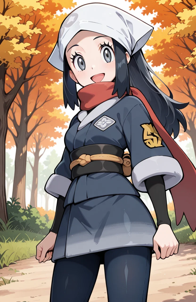 masterpiece, best quality, newest, (sugimori ken \(style\):0.5), pokemon screencap, 1girl, <lora:Akari_-_Pokemon_Illustrious:1>, akari, grey eyes, eyelashes, black hair, long hair, head scarf, galaxy expedition team survey corps uniform, scarf, white headwear, pantyhose, sidelocks, jacket, red scarf, sash, skirt, perfect eyes, breast, shiny skin, smile, open mouth, looking at viewer, grass plain, autumn, trees, forest, scenery, erotic, dynamic angle, perfect anatomy