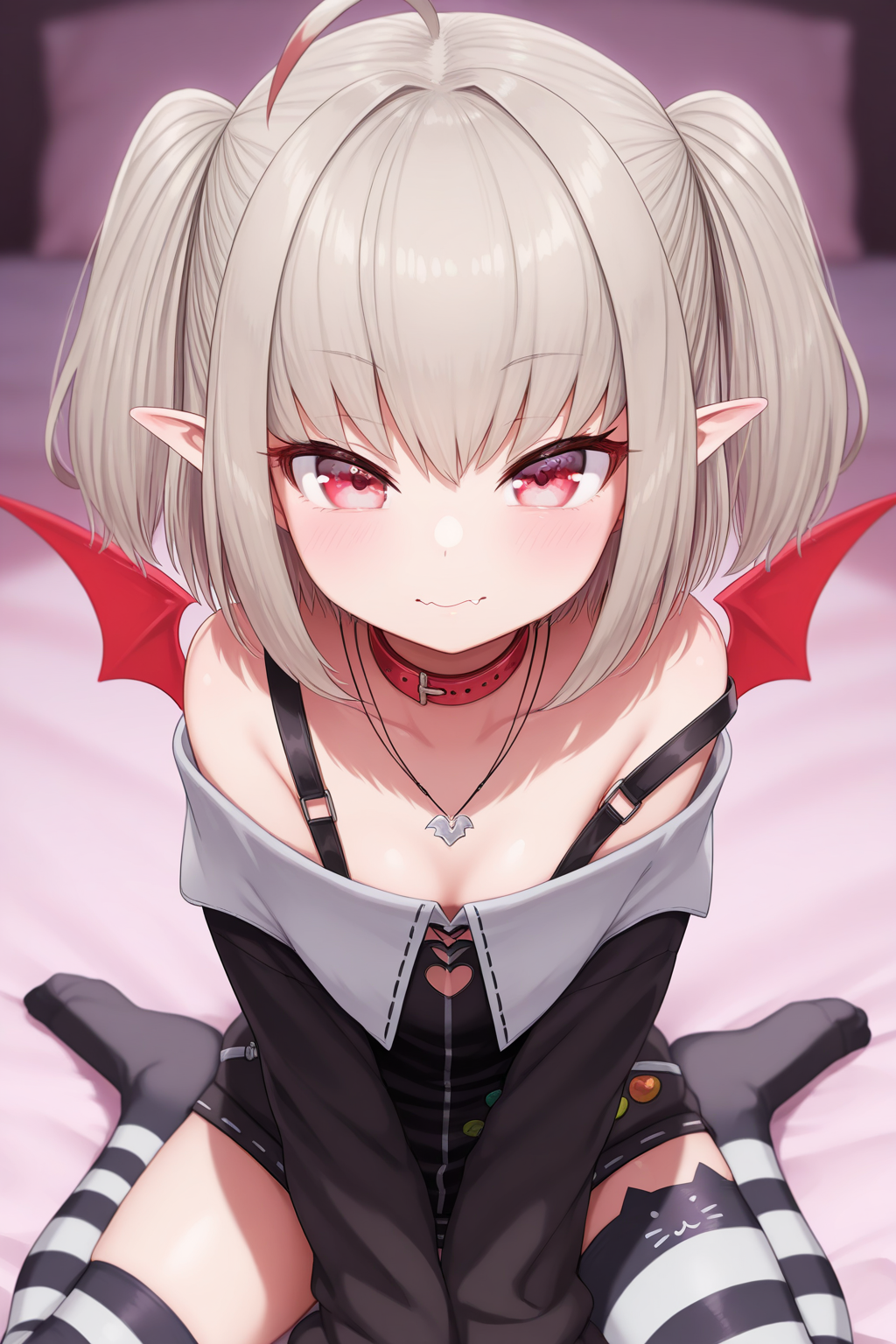 1girl,
MakaiNoRirimuNijisanji, MakaiNoRirimu2ndCostume,
general, solo, 
grey hair, ahoge, twintails, medium hair, eyelashes,
no hair ornament,
red choker, pendant, black jacket, off-shoulder jacket, 
striped thighhighs, cat ear legwear, red wings,
looking at viewer, wariza,
depth of field,
<lora:kp_MakaiNoRirimuNijisanjiIllustrious_v1_0:1.0>,
masterpiece, best quality, amazing quality