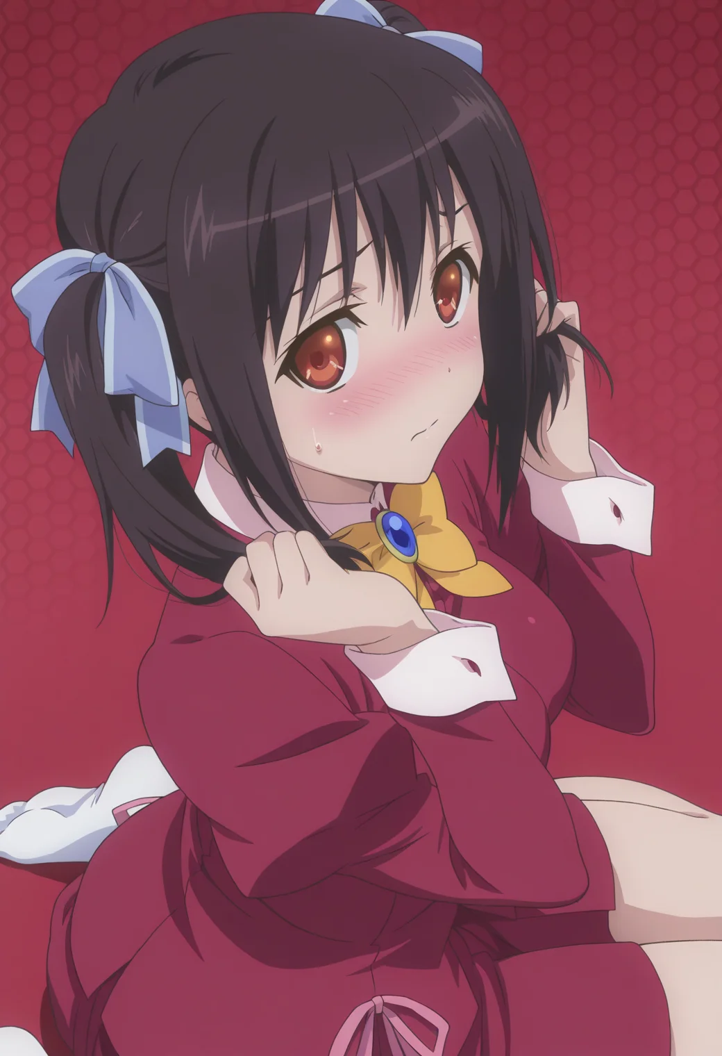 anime screencap, anime coloring, <lora:DX888Tomomi:1> saikyou tomomi, red eyes, black hair, short hair BREAK simple background, red background, (honeycomb background:1.2),  BREAK hair ribbon, school uniform, bow, brooch, puffy sleeves, long sleeves, red shirt, red skirt BREAK    1girl, closed mouth, embarrassed, hand in own hair, hands in hair, holding, holding own hair, looking at viewer,  nose blush,  sidelocks, sweatdrop, (twintails:1.3), upper body,  from side, from above,  wariza, soles,