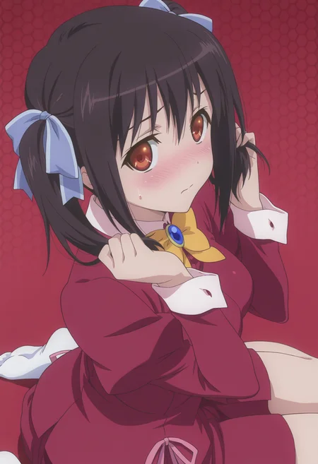 anime screencap, anime coloring, <lora:DX888Tomomi:1> saikyou tomomi, red eyes, black hair, short hair BREAK simple background, red background, (honeycomb background:1.2),  BREAK hair ribbon, school uniform, bow, brooch, puffy sleeves, long sleeves, red shirt, red skirt BREAK    1girl, closed mouth, embarrassed, hand in own hair, hands in hair, holding, holding own hair, looking at viewer,  nose blush,  sidelocks, sweatdrop, (twintails:1.3), upper body,  from side, from above,  wariza, soles,