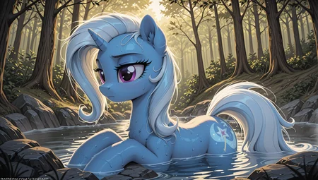 resolution, masterpiece, high resolution, (SOLO: 1.2) my little pony, friendship is magic, wild, detailed background,
forest, bathing, mouth closed,
Trixie pony, blue body, violet eyes,
long, wavy mane and tail are silver-white with blue inserts, the mane is neatly laid, <lora:Trixie:1>