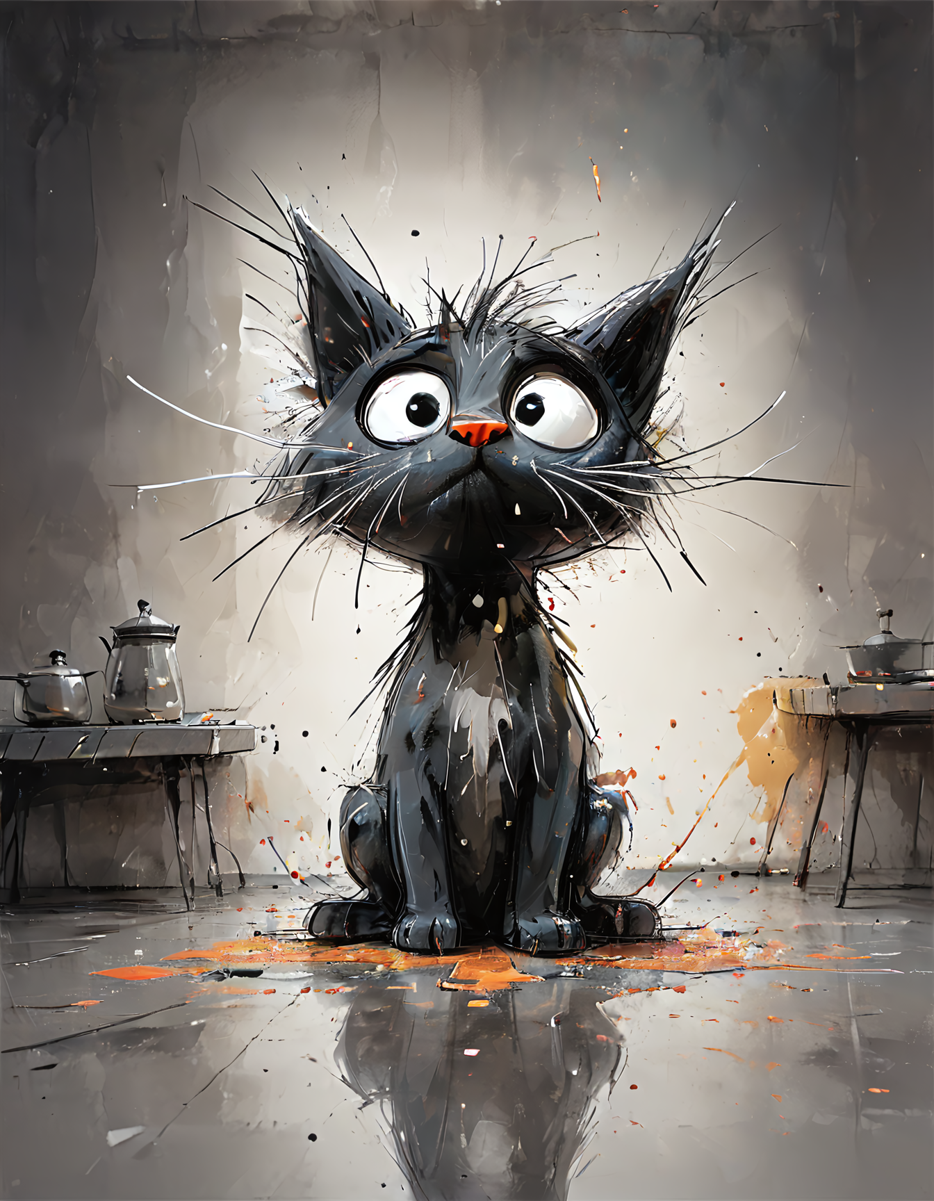 impactful color paint of cute drawing of a kitten creating a mess in a kitchen, 
highly detailed, sharp, professional, clear, high contrast, crystal clear, 4k, uhd, masterpiece