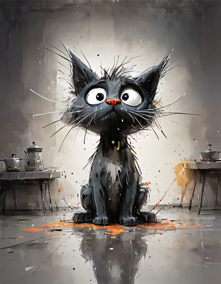 impactful color paint of cute drawing of a kitten creating a mess in a kitchen,
highly detailed, sharp, professional, clear, high contrast, crystal clear, 4k, uhd, masterpiece