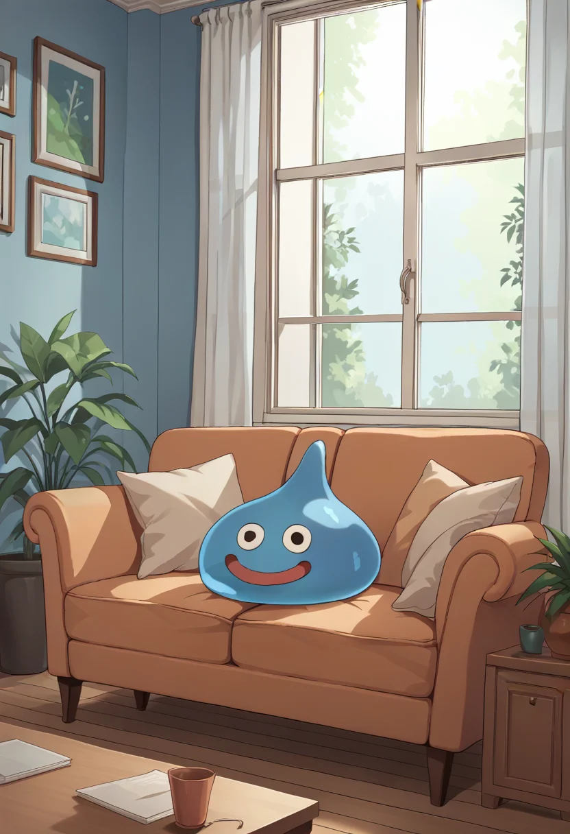 score_9, score_8_up, score_7_up, source_anime, BREAK solo, looking at viewer, dqslime, slime \(creature\), smile, indoors, couch <lora:SlimeDQ-pdxl:1>